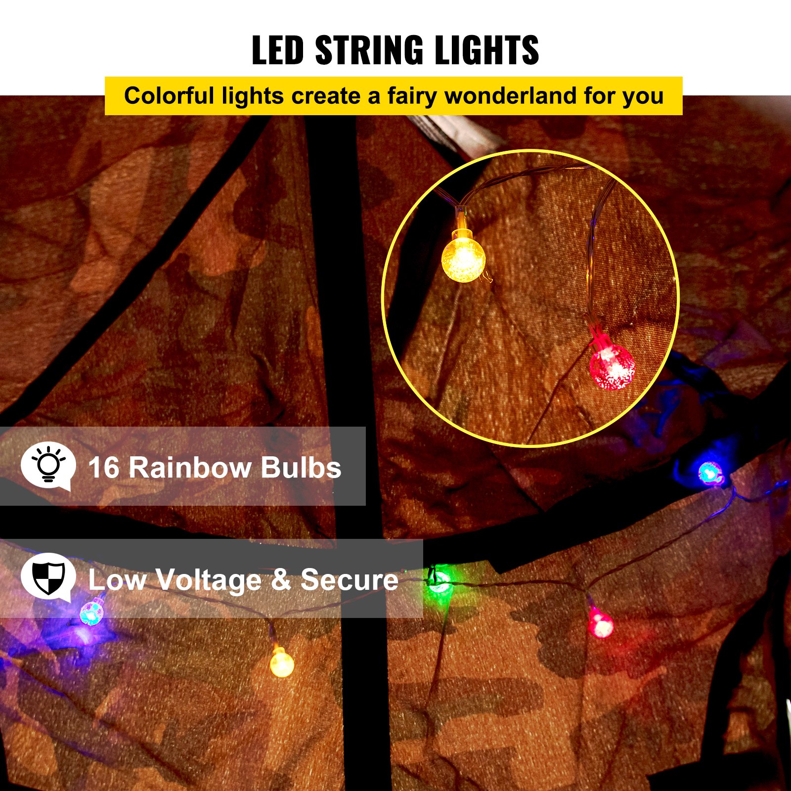 Tienda de campaña colgante para árbol VEVOR, capacidad máxima de 200 kg, hamaca colgante con luces LED decorativas de arcoíris, cojín inflable, hamaca de techo, ideal para niños y adultos, interior y exterior.