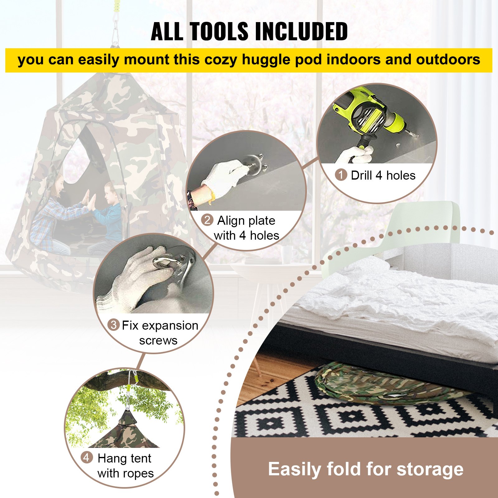 Tienda de campaña colgante para árbol VEVOR, capacidad máxima de 200 kg, hamaca colgante con luces LED decorativas de arcoíris, cojín inflable, hamaca de techo, ideal para niños y adultos, interior y exterior.