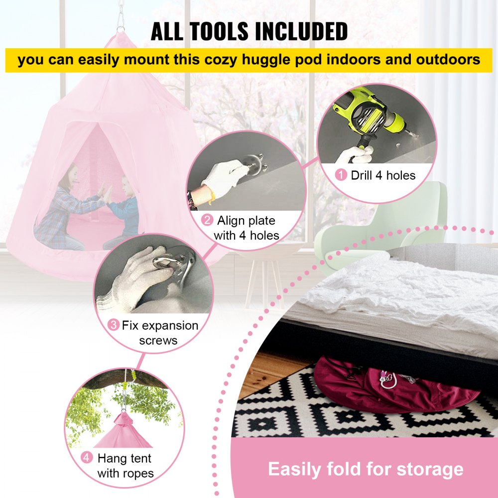 Tienda de campaña colgante para árbol VEVOR, capacidad máxima de 200 kg, hamaca colgante con luces LED decorativas de arcoíris, cojín inflable, hamaca de techo, ideal para niños y adultos, interior y exterior, color rosa