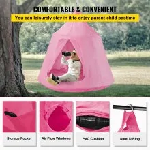 Carpa de árbol colgante VEVOR, máx. Columpio para tienda de campaña con capacidad de 440 libras, Hangout Hugglepod con luces LED de decoración de arcoíris, cojín inflable, hamaca de techo, tienda de campaña para niños y adultos, interior y exterior, color rosa