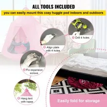 Carpa de árbol colgante VEVOR, máx. Columpio para tienda de campaña con capacidad de 440 libras, Hangout Hugglepod con luces LED de decoración de arcoíris, cojín inflable, hamaca de techo, tienda de campaña para niños y adultos, interior y exterior, color rosa