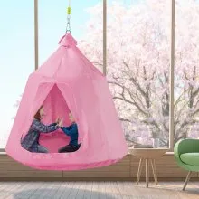 Carpa de árbol colgante VEVOR, máx. Columpio para tienda de campaña con capacidad de 440 libras, Hangout Hugglepod con luces LED de decoración de arcoíris, cojín inflable, hamaca de techo, tienda de campaña para niños y adultos, interior y exterior, color rosa
