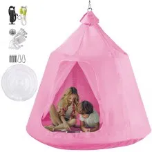 Carpa de árbol colgante VEVOR, máx. Columpio para tienda de campaña con capacidad de 440 libras, Hangout Hugglepod con luces LED de decoración de arcoíris, cojín inflable, hamaca de techo, tienda de campaña para niños y adultos, interior y exterior, color rosa