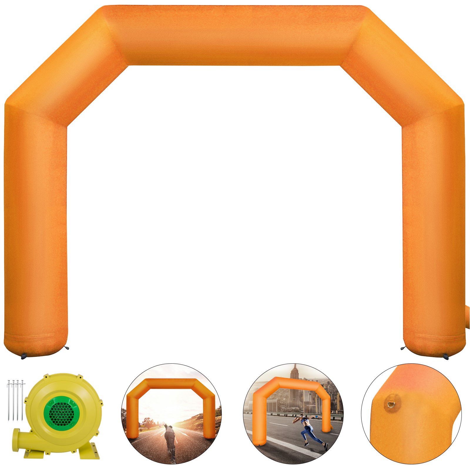 Arco inflable VEVOR naranja con soplador, estacas y ejemplos de configuración para eventos.