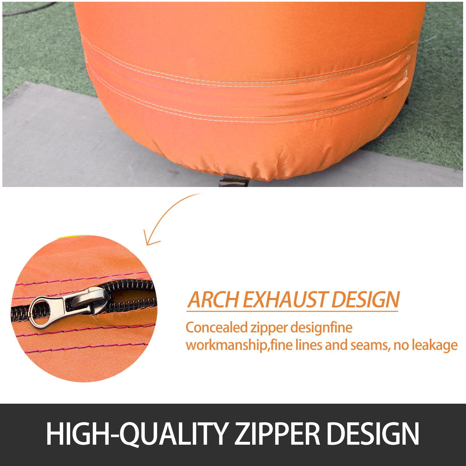 Arco inflable VEVOR con cremallera naranja y diseño oculto para evitar fugas.