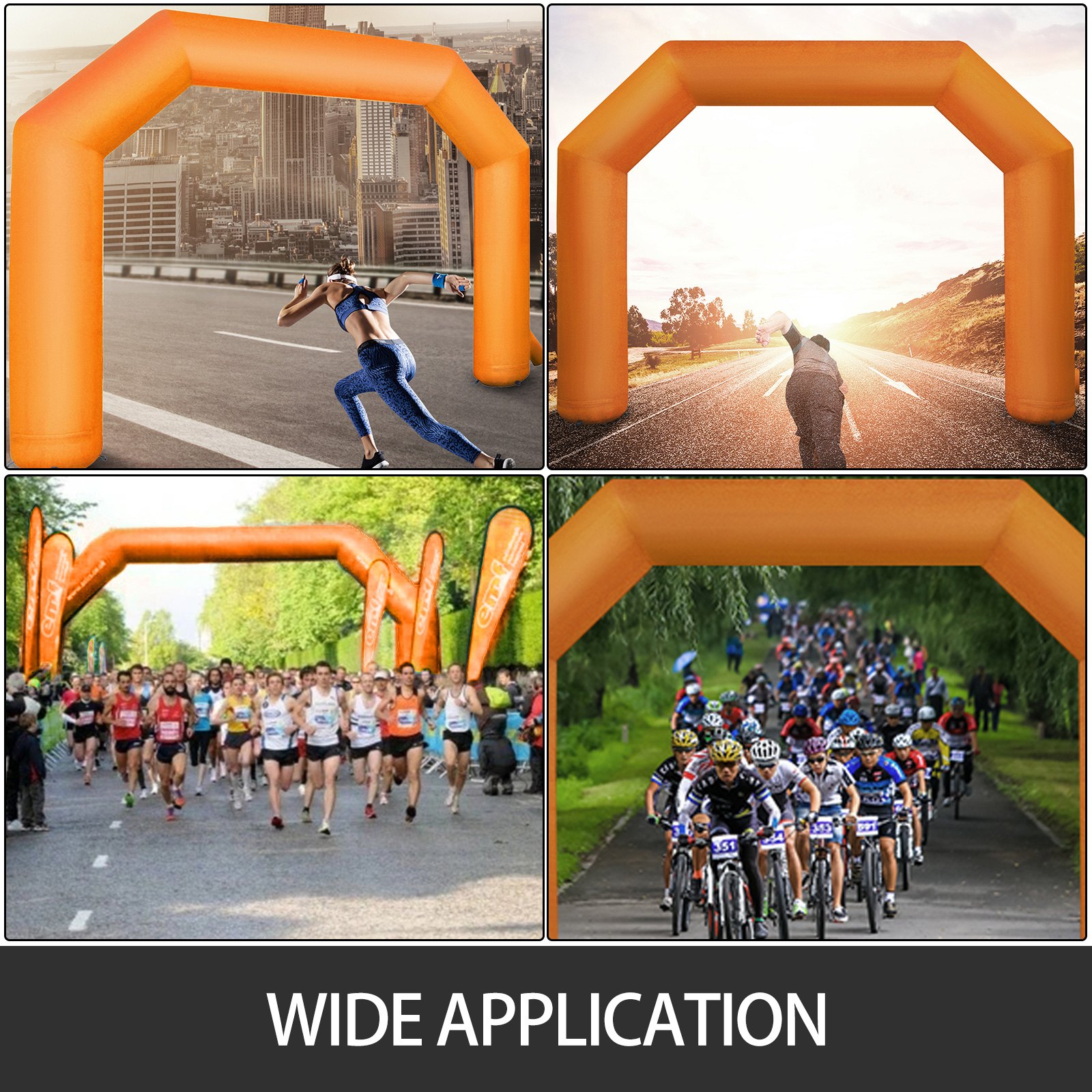 Arco inflable VEVOR utilizado para eventos de carrera y ciclismo en diversos entornos.