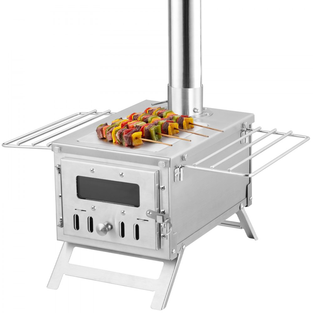 Estufa de leña VEVOR, 80 pulgadas, estufa de acero inoxidable para tiendas de campaña, estufa portátil de leña con tubos de chimenea y guantes, estufa de tienda de campaña con cámara de combustión de 700 in³ para cocinar y calentar al aire libre con 8 tubos.