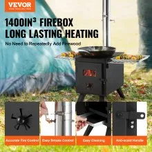 Estufa de leña VEVOR, 86 pulgadas, estufa de acero de aleación para tienda de campaña, estufa de leña portátil con tubos de chimenea y guantes, estufa de leña de 1400 pulgadas³ para tienda de campaña caliente para cocinar y calentar al aire libre con 8 tubos