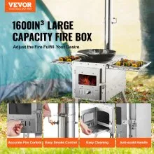 VEVOR Estufa de leña, 86 pulgadas, estufa de tienda de campaña de acero inoxidable, estufa de leña portátil con tubos de chimenea y guantes, estufa de tienda de campaña caliente con caja de fuego de 3000 pulgadas para cocinar y calentar al aire libre con 8 tubos
