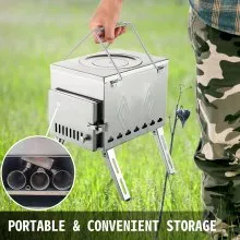 Estufa de leña para tienda de campaña VEVOR de 17.5 x 14.7 x 10.6 pulgadas, estufa de leña para camping de acero inoxidable 304 con tubo plegable, estufa de leña portátil de 95.7 pulgadas de altura total para camping, calefacción de tienda, caza, cocina al aire libre