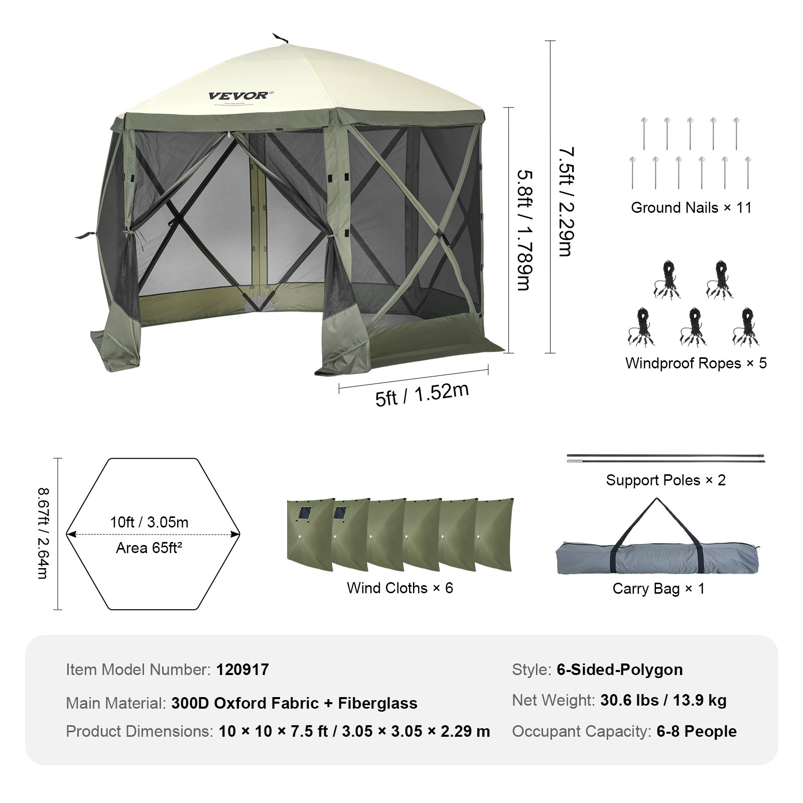 Carpa plegable VEVOR, toldo de 6 lados con 6 lonas protectoras extraíbles y ventanas de malla, 3 x 3 m, instalación rápida con mosquitera, color verde militar