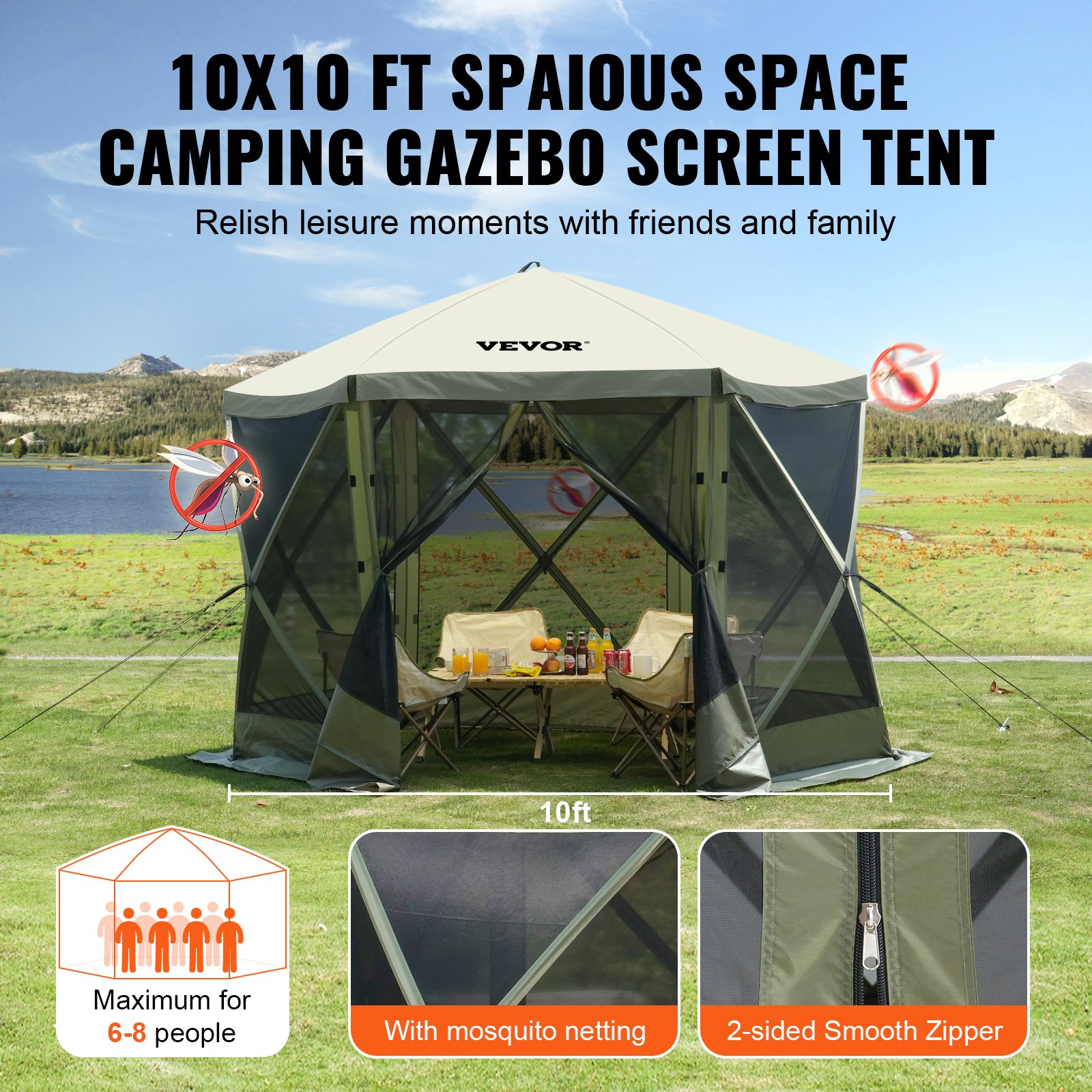 Carpa tipo cenador plegable VEVOR, carpa plegable con mosquitera de 6 lados, toldo, refugio solar con 6 cortinas de privacidad extraíbles y ventanas de malla, carpa de montaje rápido de 3x3 metros con mosquitera, color verde militar.