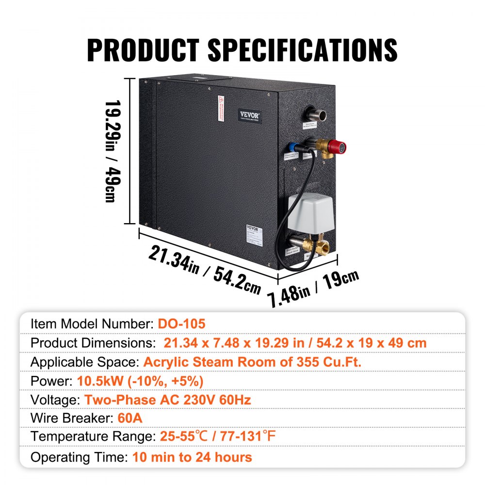 Generador de ducha de vapor VEVOR, 10,5 kW, calefacción segmentada y personalización de temperatura, kit de baño de vapor con temporizador de 24 horas, drenaje automático, sistema de ducha de vapor de lujo para el hogar, acrílico probado según las normas UL.