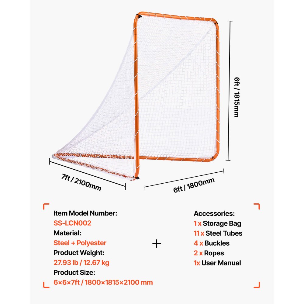 Portería de lacrosse VEVOR, red de lacrosse de 1,8 m x 1,8 m, equipo de entrenamiento de lacrosse para jardín con estructura de acero, portería de lacrosse portátil con bolsa de transporte, montaje rápido y sencillo, perfecta para entrenamiento de jóvenes y adultos, color naranja.