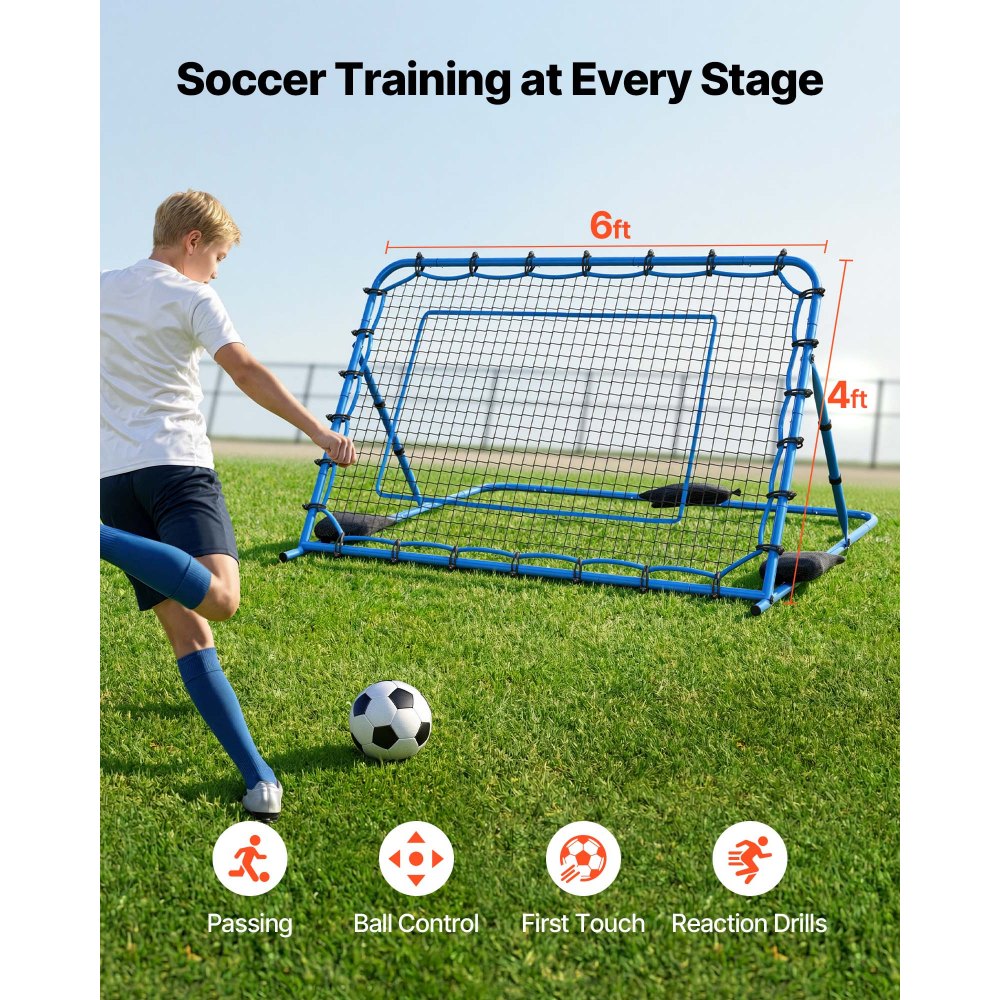 VEVOR Red de Rebote para Fútbol 1780 x 1170 mm, Rebotador de Fútbol con Ángulo de Cambio Rápido para Control, Estructura de Hierro y Red de PE, Práctica de Pases, para Adolescentes y Adultos, Azul