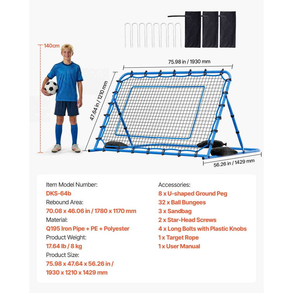 VEVOR Red de Rebote para Fútbol 1780 x 1170 mm, Rebotador de Fútbol con Ángulo de Cambio Rápido para Control, Estructura de Hierro y Red de PE, Práctica de Pases, para Adolescentes y Adultos, Azul