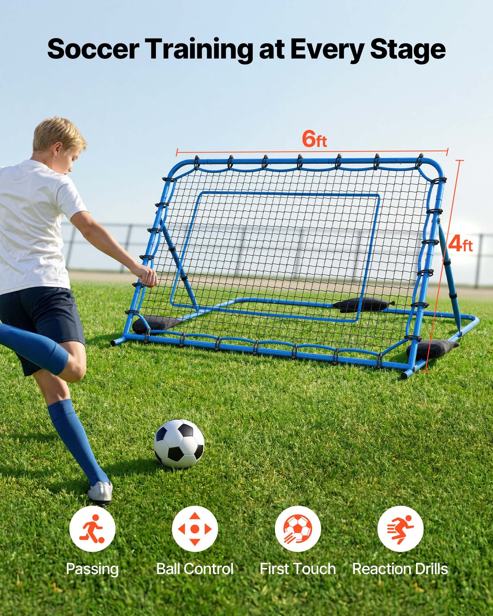 VEVOR Red de Rebote para Fútbol 1780 x 1170 mm, Rebotador de Fútbol con Ángulo de Cambio Rápido para Control, Estructura de Hierro y Red de PE, Práctica de Pases, para Adolescentes y Adultos, Azul