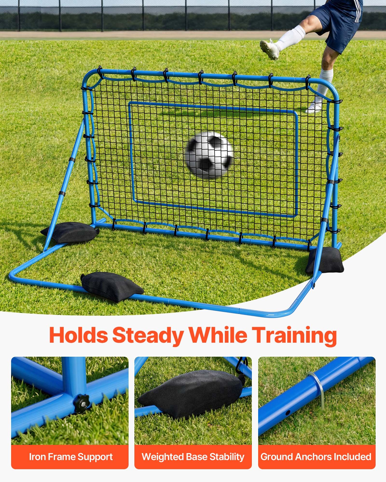 VEVOR Red de Rebote para Fútbol 1780 x 1170 mm, Rebotador de Fútbol con Ángulo de Cambio Rápido para Control, Estructura de Hierro y Red de PE, Práctica de Pases, para Adolescentes y Adultos, Azul