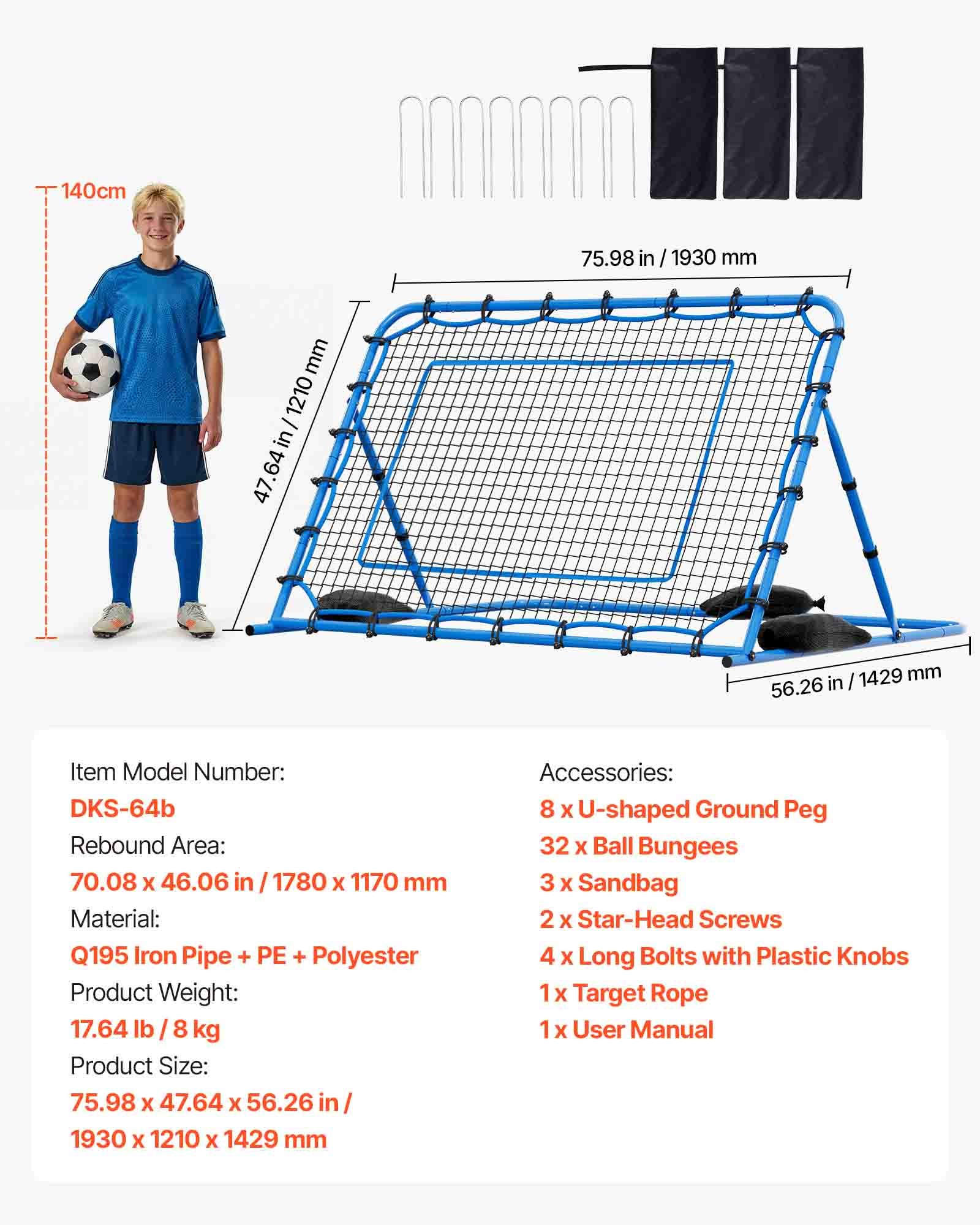 VEVOR Red de Rebote para Fútbol 1780 x 1170 mm, Rebotador de Fútbol con Ángulo de Cambio Rápido para Control, Estructura de Hierro y Red de PE, Práctica de Pases, para Adolescentes y Adultos, Azul