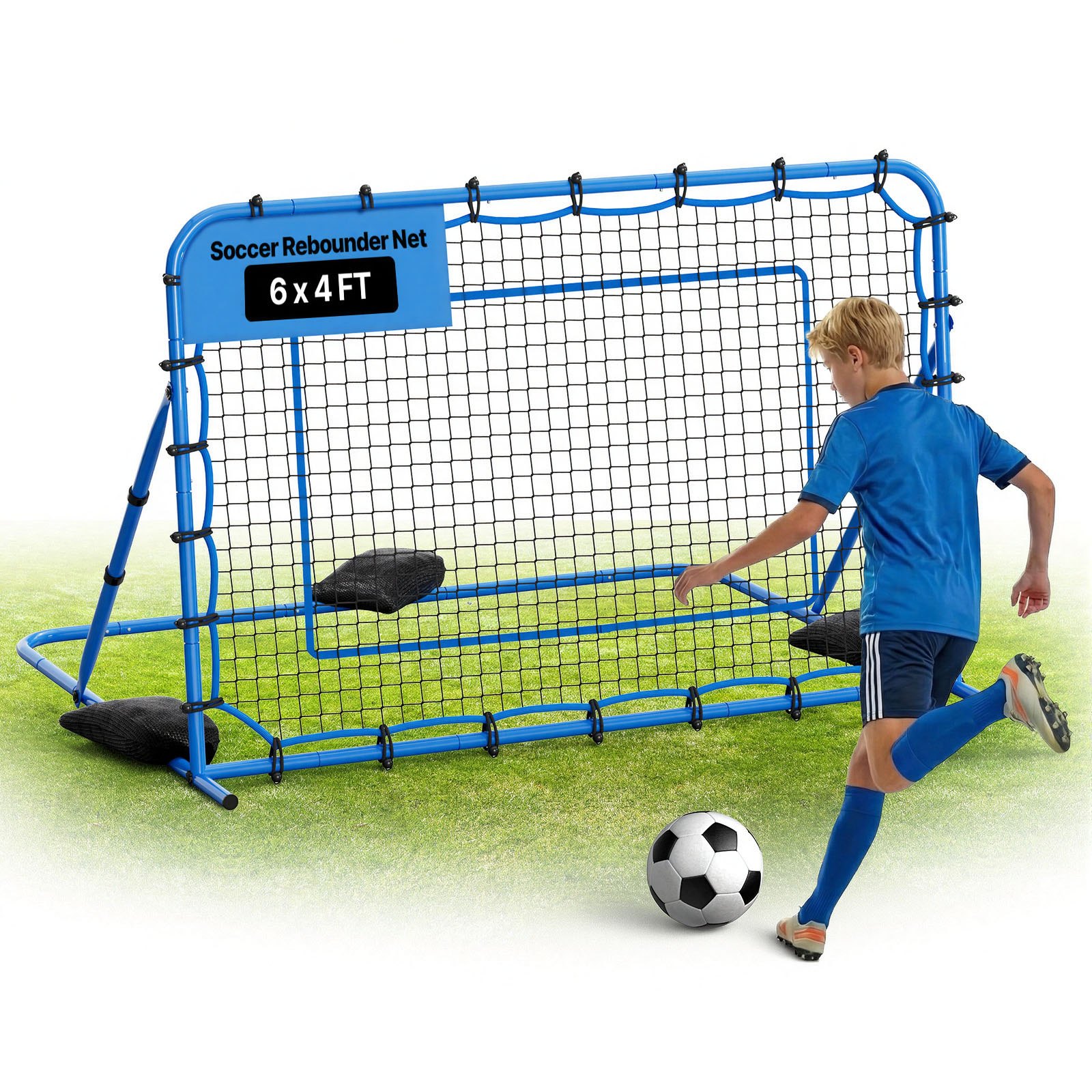 VEVOR Red de Rebote para Fútbol 1780 x 1170 mm, Rebotador de Fútbol con Ángulo de Cambio Rápido para Control, Estructura de Hierro y Red de PE, Práctica de Pases, para Adolescentes y Adultos, Azul