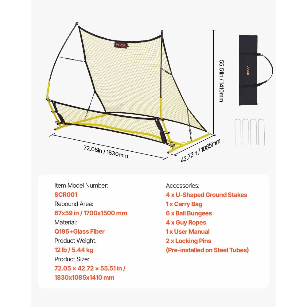 VEVOR Red de Rebote para Fútbol 1700 x 1500 mm, Portería de Fútbol, Postes de Fibra de Vidrio y Tubo de Hierro para Control Individual y en Equipo, Práctica de Pases, para Adolescentes y Adultos