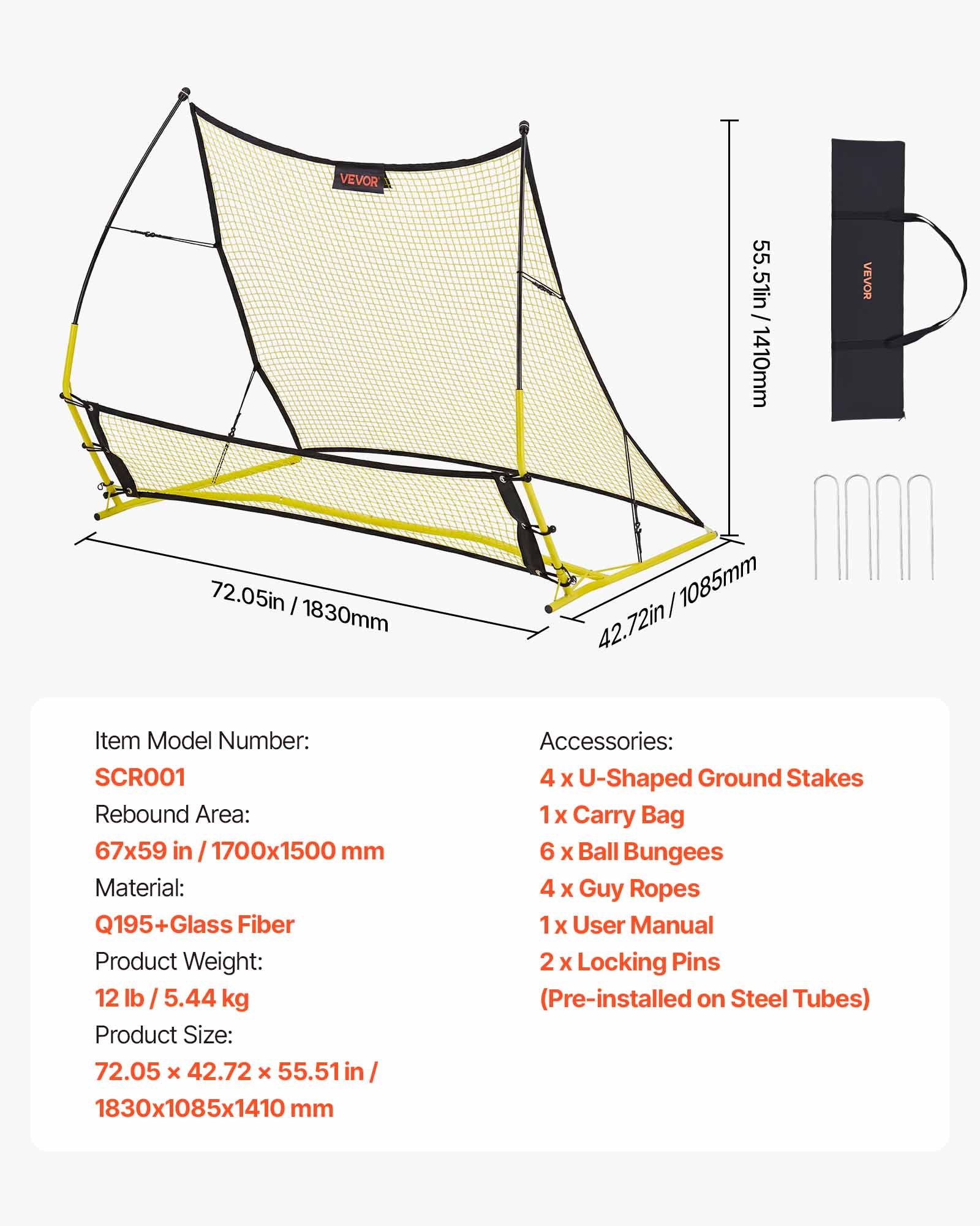 VEVOR Red de Rebote para Fútbol 1700 x 1500 mm, Portería de Fútbol, Postes de Fibra de Vidrio y Tubo de Hierro para Control Individual y en Equipo, Práctica de Pases, para Adolescentes y Adultos