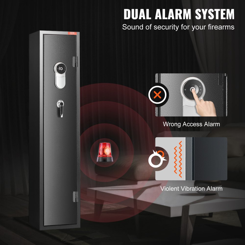 VEVOR Caja fuerte para 5 rifles, con cerradura de huella dactilar, armario de acceso rápido para escopetas con estante extraíble, soporte para pistolas, caja de almacenamiento de munición para armas largas y pistolas domésticas