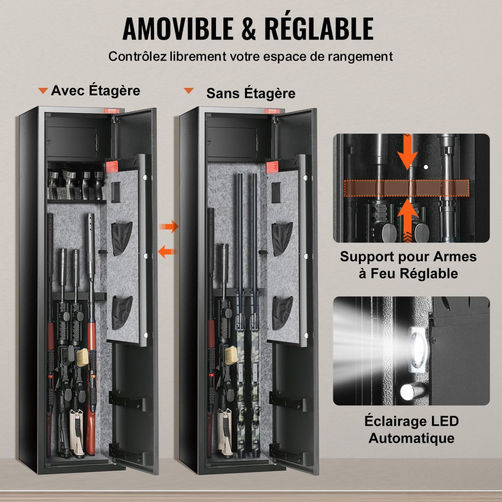 Caja fuerte VEVOR para 5 rifles, con teclado digital y cerradura, armario para guardar armas con compartimento integrado y estante extraíble para armas largas y pistolas.
