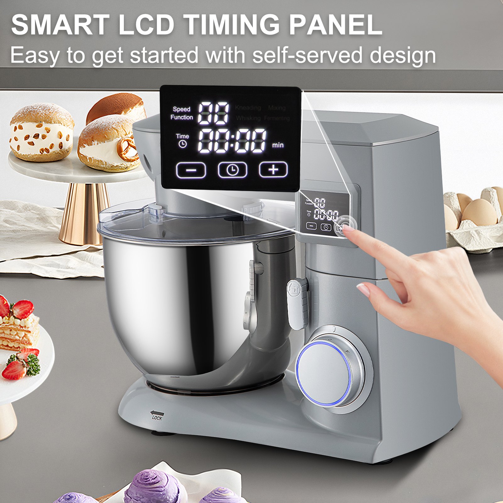 Batidora de pie VEVOR con panel de sincronización LCD inteligente y diseño fácil de usar, rodeada de productos horneados.