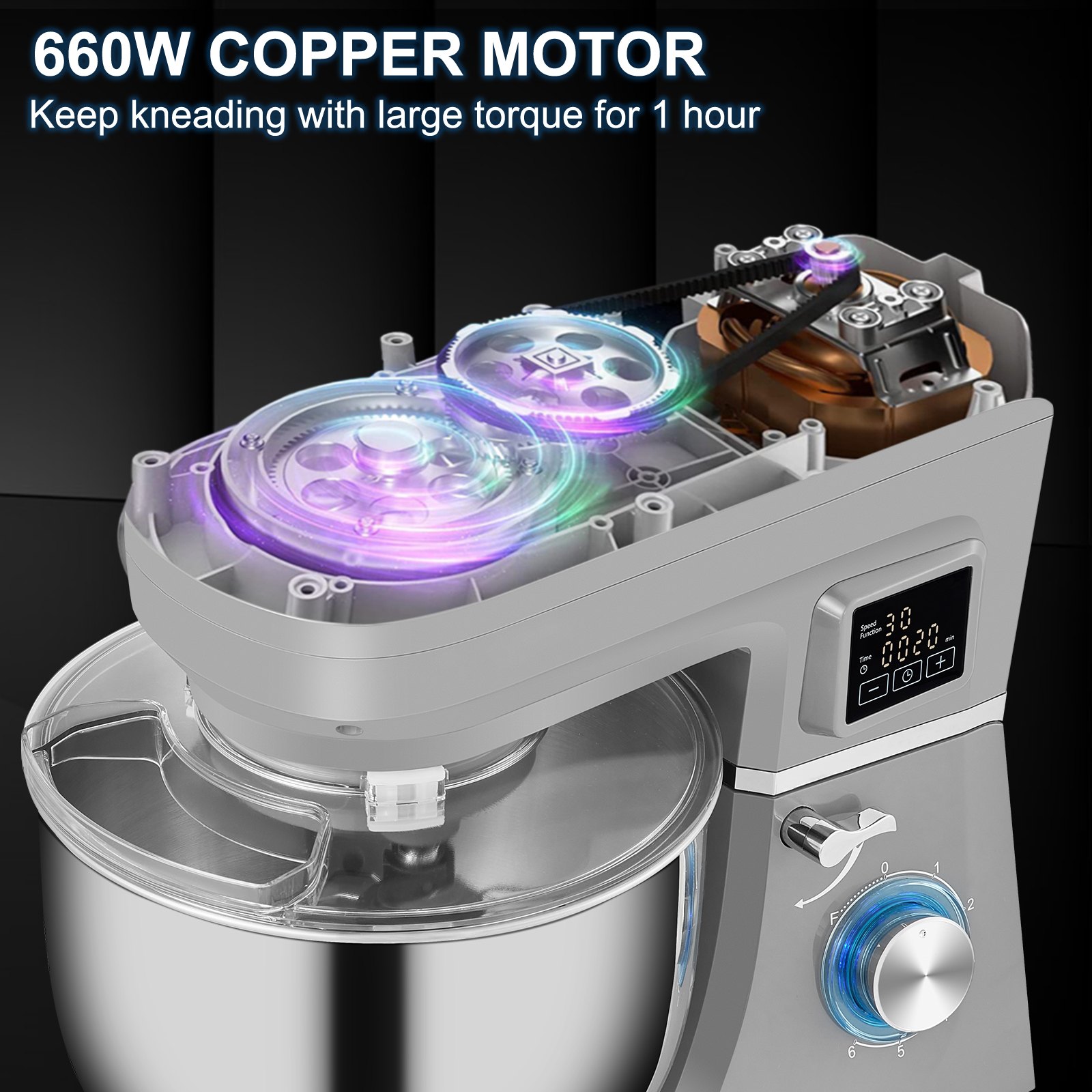 Batidora de pie VEVOR con motor de cobre de 660 W, panel de control digital y recipiente para mezclar de acero inoxidable.