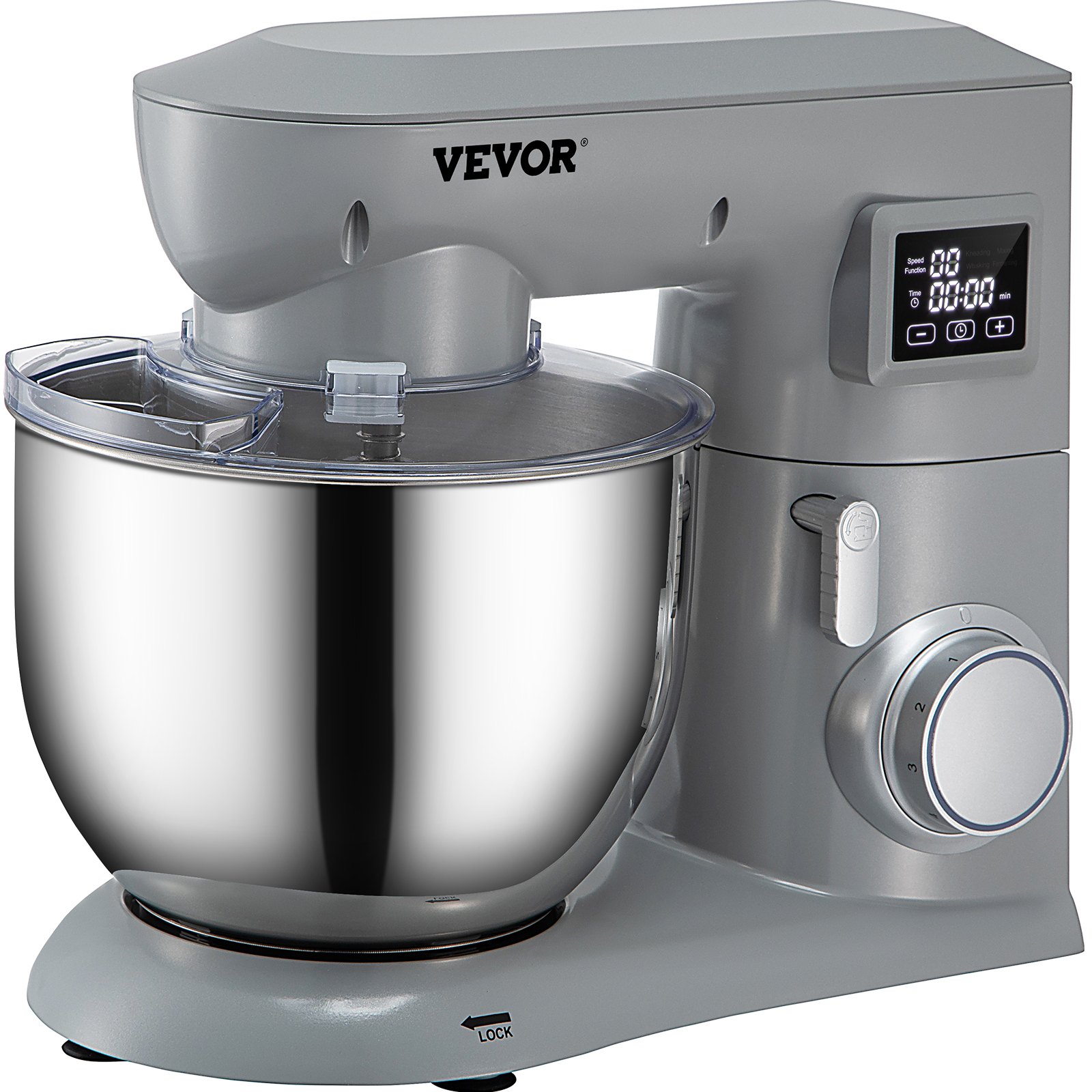 Batidora de pie VEVOR con recipiente de acero inoxidable, pantalla LED y perilla de control de velocidad en gris.