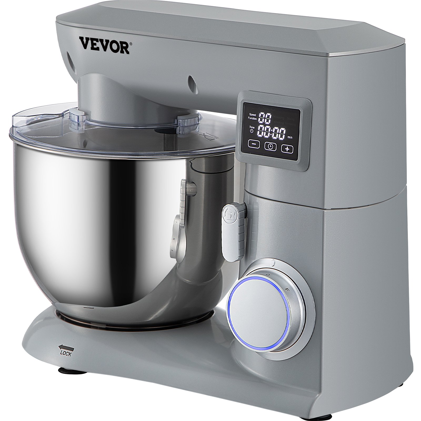 Batidora de pie VEVOR con recipiente de acero inoxidable, pantalla digital y perillas de control.
