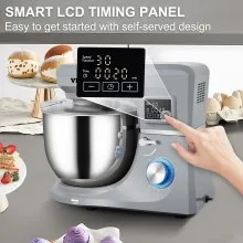 Batidora de pie VEVOR, batidora de masa eléctrica de 660 W con sincronización de pantalla LCD de 6 velocidades, batidora de alimentos con cabezal inclinable con tazón de acero inoxidable de 7,4 cuartos de galón, gancho para masa, batidor plano, batidor, raspador, cubierta a prueba de salpicaduras - gris