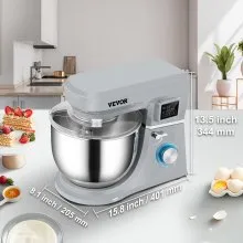 Batidora de pie VEVOR, batidora de masa eléctrica de 660 W con sincronización de pantalla LCD de 6 velocidades, batidora de alimentos con cabezal inclinable con tazón de acero inoxidable de 7,4 cuartos de galón, gancho para masa, batidor plano, batidor, raspador, cubierta a prueba de salpicaduras - gris