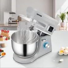 Batidora de pie VEVOR, batidora de masa eléctrica de 660 W con sincronización de pantalla LCD de 6 velocidades, batidora de alimentos con cabezal inclinable con tazón de acero inoxidable de 7,4 cuartos de galón, gancho para masa, batidor plano, batidor, raspador, cubierta a prueba de salpicaduras - gris