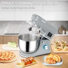 VEVOR Batidora de pie 5 en 1, batidora eléctrica multifuncional con cabezal inclinable de 660 W con sincronización de pantalla LCD de 6 velocidades, tazón de acero inoxidable de 7.4 cuartos de galón, gancho para masa, batidor plano, batidor, raspador, picadora de carne, taza de jugo - gris