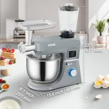 VEVOR Batidora de pie 5 en 1, batidora eléctrica multifuncional con cabezal inclinable de 660 W con sincronización de pantalla LCD de 6 velocidades, tazón de acero inoxidable de 7.4 cuartos de galón, gancho para masa, batidor plano, batidor, raspador, picadora de carne, taza de jugo - gris