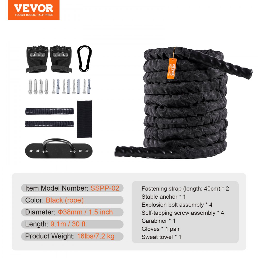 Cuerda de batalla VEVOR, cuerda de poliéster para ejercicios de 3,8 cm de diámetro y 9 m de largo, equipo de ejercicios de combate con funda protectora y anclaje, cuerda pesada para entrenamiento de fuerza central en el gimnasio en casa.