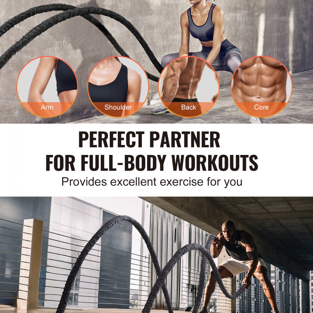 Cuerda de batalla VEVOR, cuerda de poliéster para ejercicios de 3,8 cm de diámetro y 12 m de largo, equipo de ejercicios de combate con funda protectora y anclaje, cuerda pesada para entrenamiento de fuerza central en el gimnasio en casa.