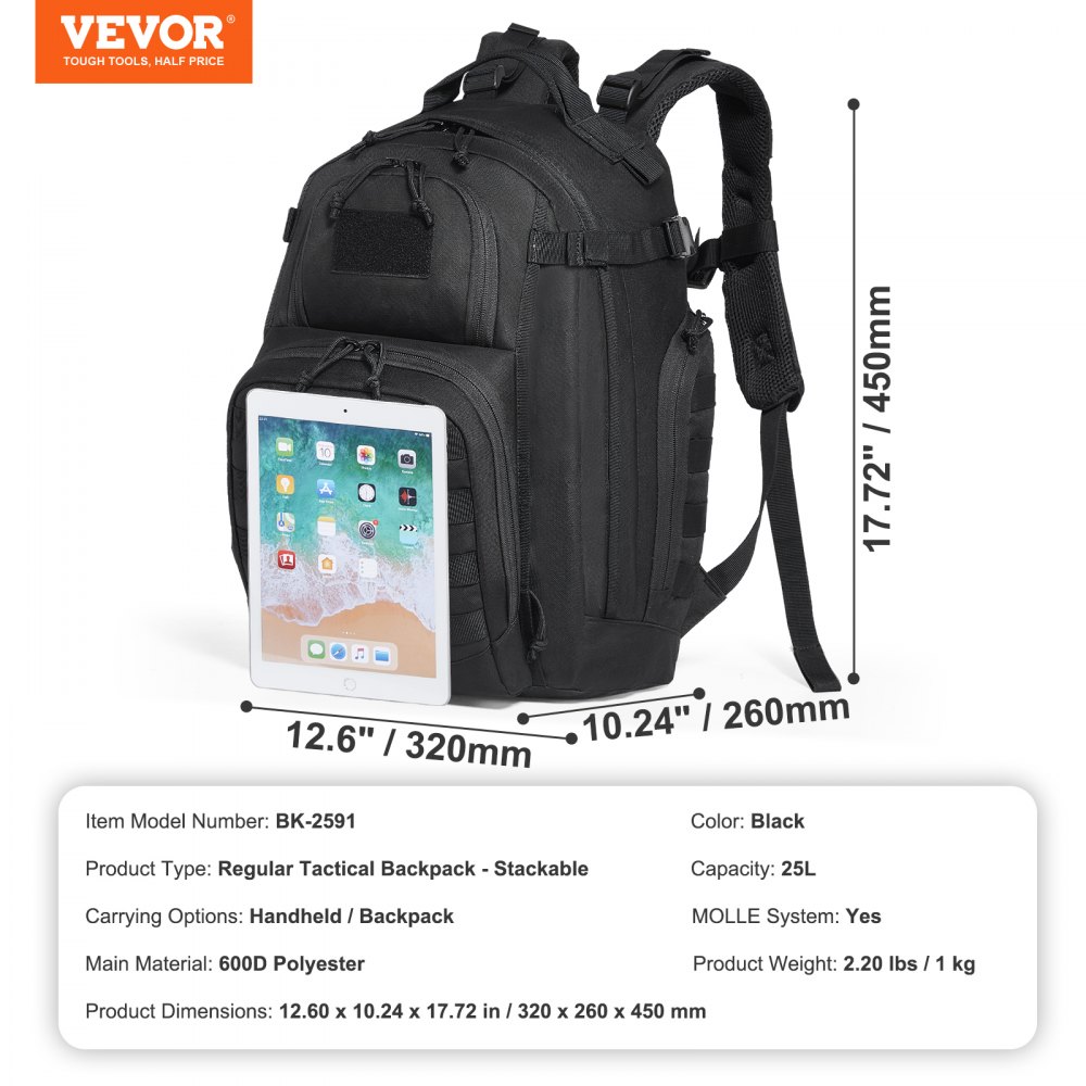 VEVOR Mochila táctica militar de 25 l con diseño Molle y almohadilla de esponja, mochila de asalto para hombre y mujer, mochila Range Gear para aventuras al aire libre, senderismo y caza, color negro.