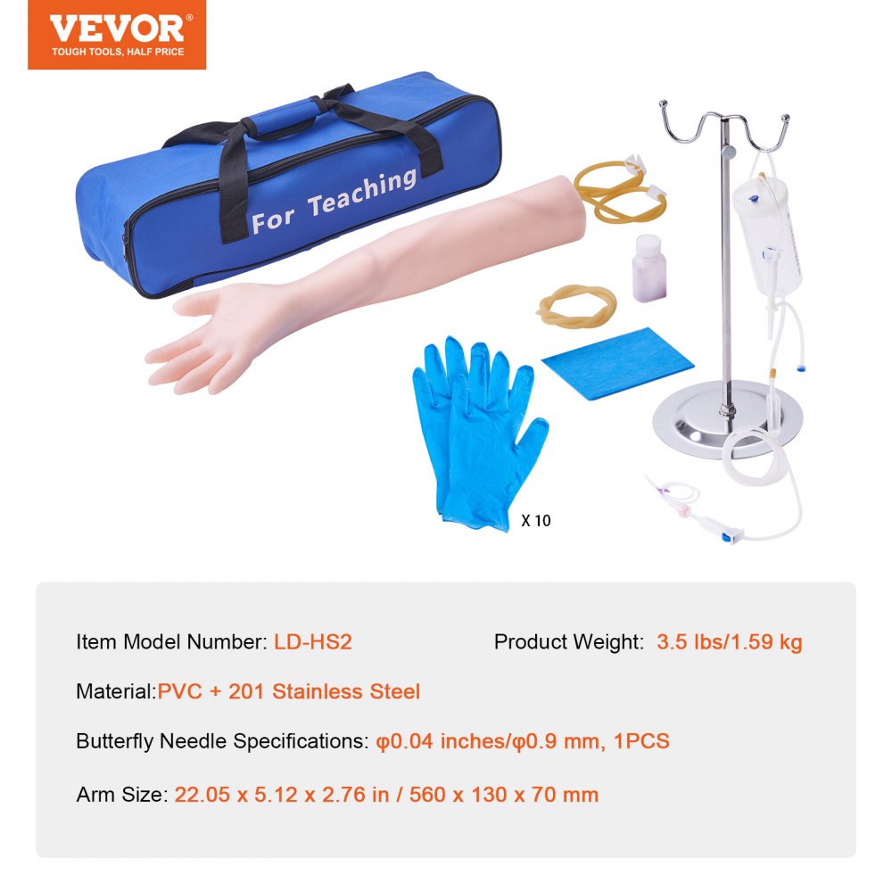 Kit de práctica de flebotomía VEVOR con brazo, jeringas, guantes, soporte intravenoso y bolsa de almacenamiento para enseñanza.