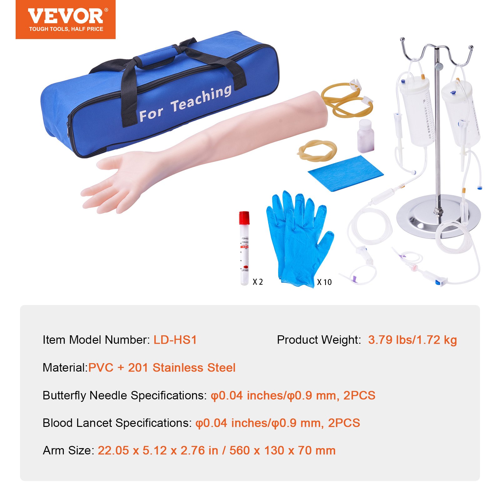Kit de práctica de flebotomía VEVOR con modelo de brazo, jeringas, guantes, soporte intravenoso y bolsa de transporte para capacitación.
