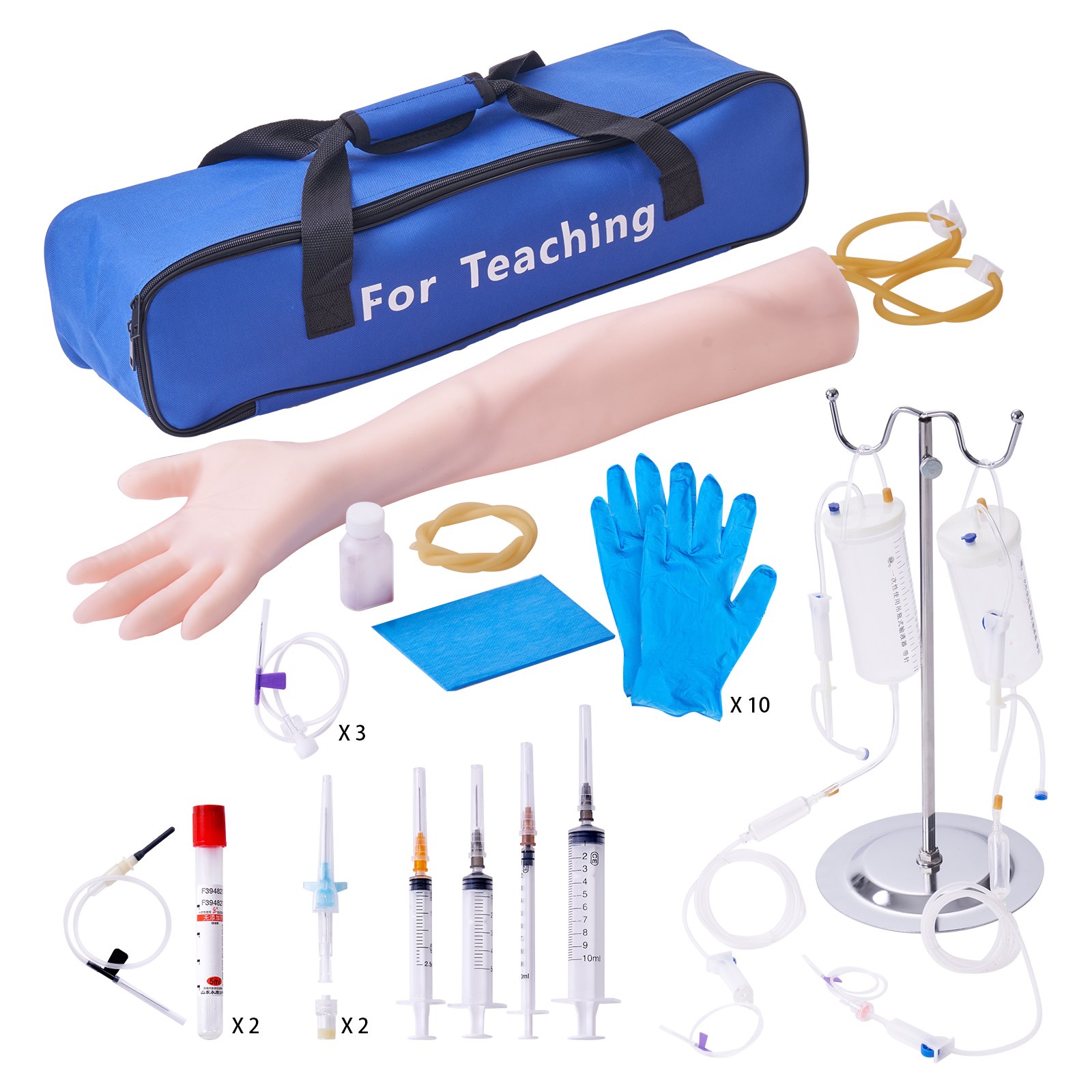 Kit de práctica de flebotomía VEVOR con brazo, jeringas, guantes, bolsa intravenosa y estuche de transporte azul para enseñanza.