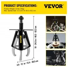 Extractor de mordaza de 3 engranajes VEVOR, extractor manual de capacidad de 17 toneladas/37468 LBS, alcance de extensión de 19" - 24,5" y rango de extensión de 4,9" - 12", longitud del tornillo de avance de 20" Herramientas de extracción de engranajes para engranajes deslizantes, poleas y volantes