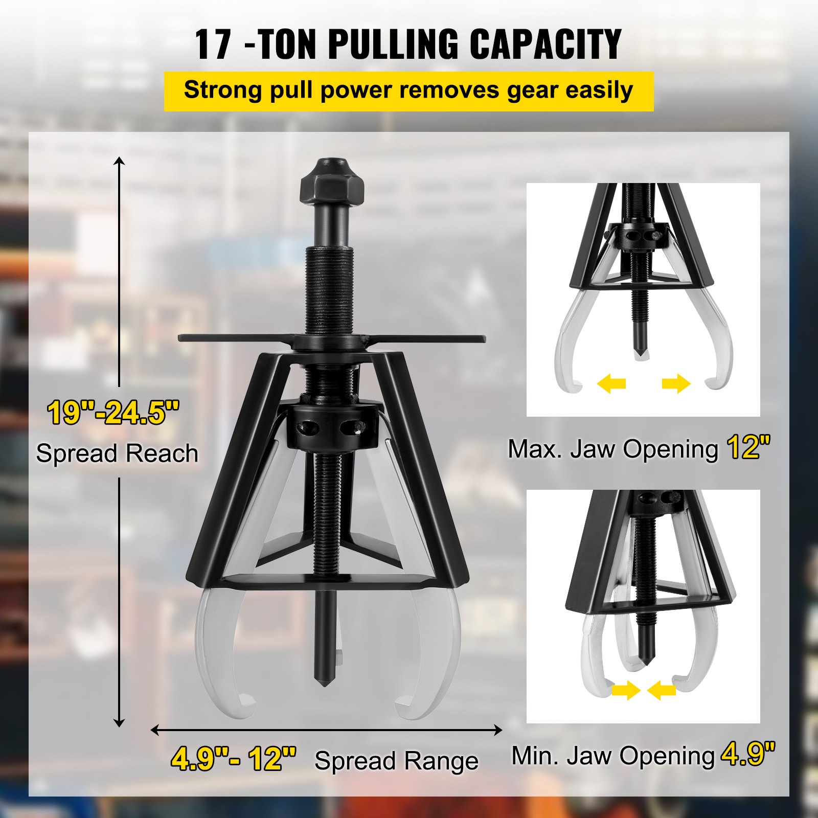 Extractor de mordaza de 3 engranajes VEVOR, extractor manual de capacidad de 17 toneladas/37468 LBS, alcance de extensión de 19" - 24,5" y rango de extensión de 4,9" - 12", longitud del tornillo de avance de 20" Herramientas de extracción de engranajes para engranajes deslizantes, poleas y volantes