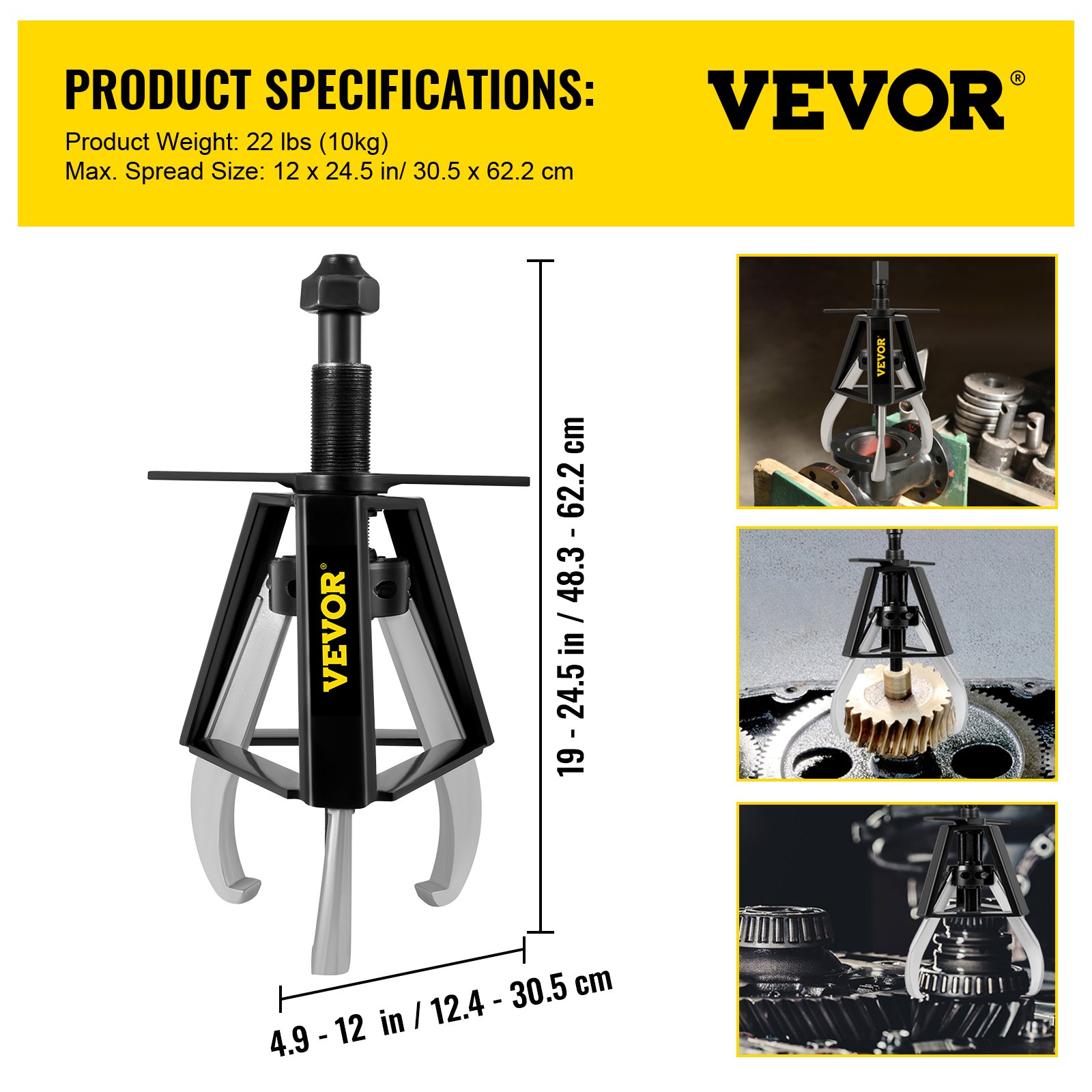 Extractor de mordaza de 3 engranajes VEVOR, extractor manual de capacidad de 17 toneladas/37468 LBS, alcance de extensión de 19" - 24,5" y rango de extensión de 4,9" - 12", longitud del tornillo de avance de 20" Herramientas de extracción de engranajes para engranajes deslizantes, poleas y volantes