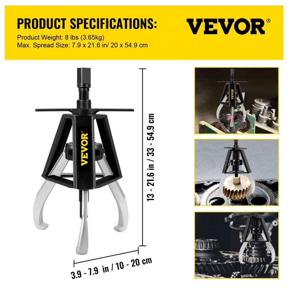 Extractor de engranajes VEVOR de 3 mordazas, extractor manual de capacidad de 1 tonelada/2204 LBS, alcance de extensión de 13" - 21,6" y rango de extensión de 3,9" - 7,9", longitud del tornillo de avance de 11" Herramientas de extracción de engranajes para engranajes deslizantes, poleas y volantes