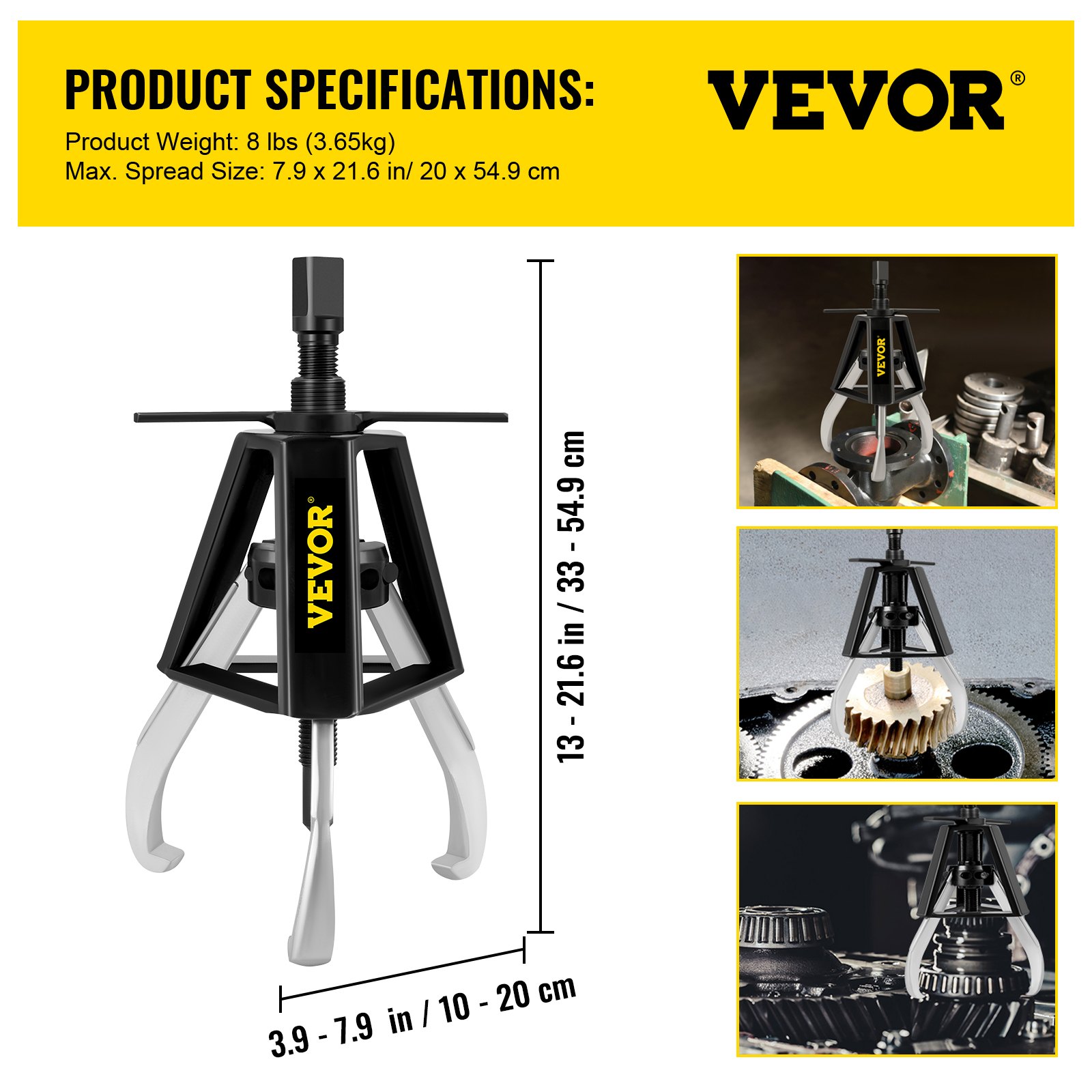 Extractor de engranajes VEVOR de 3 mordazas, extractor manual de capacidad de 1 tonelada/2204 LBS, alcance de extensión de 13" - 21,6" y rango de extensión de 3,9" - 7,9", longitud del tornillo de avance de 11" Herramientas de extracción de engranajes para engranajes deslizantes, poleas y volantes