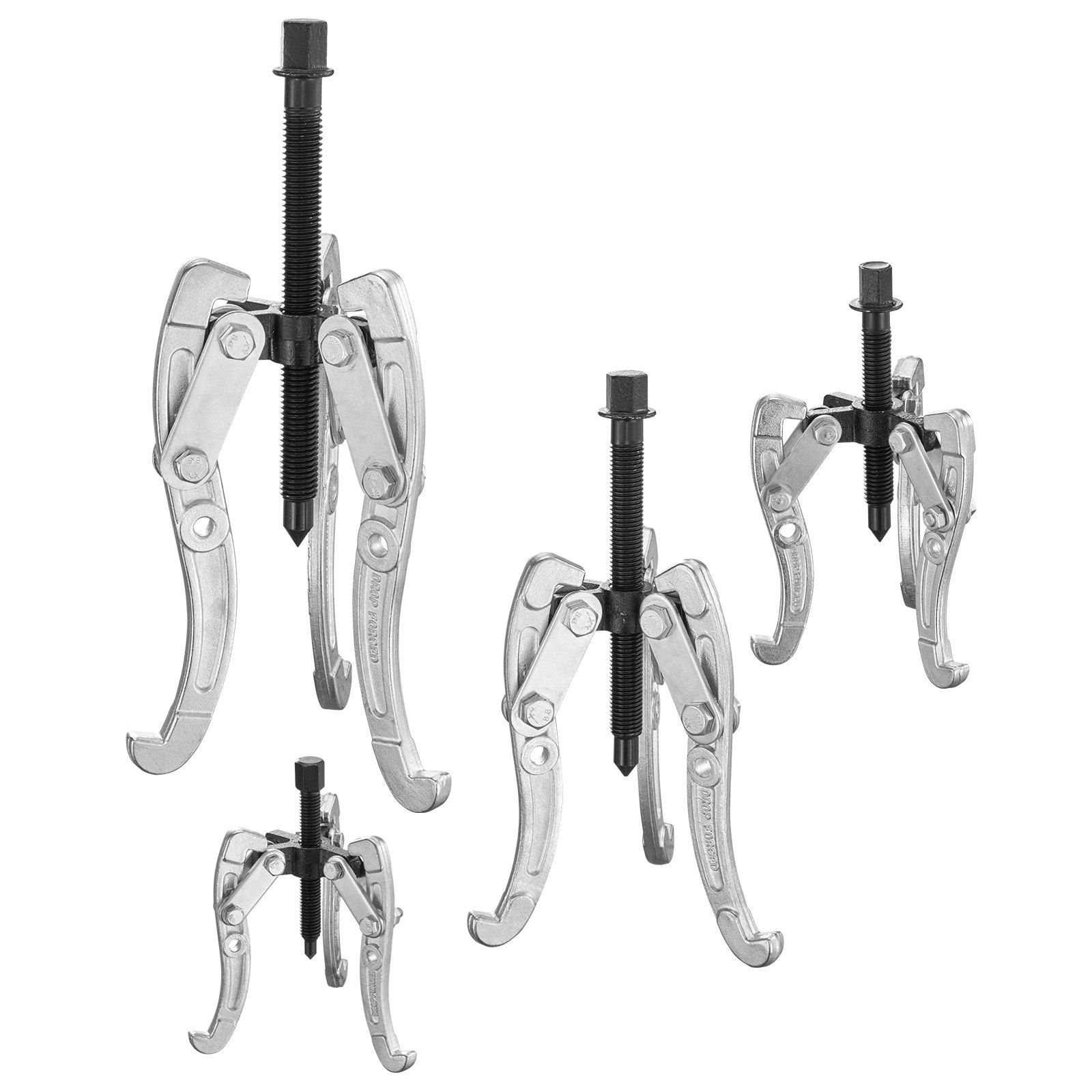 Juego de cuatro juegos de extractores de engranajes VEVOR con brazos ajustables y mecanismos de tornillo robustos.