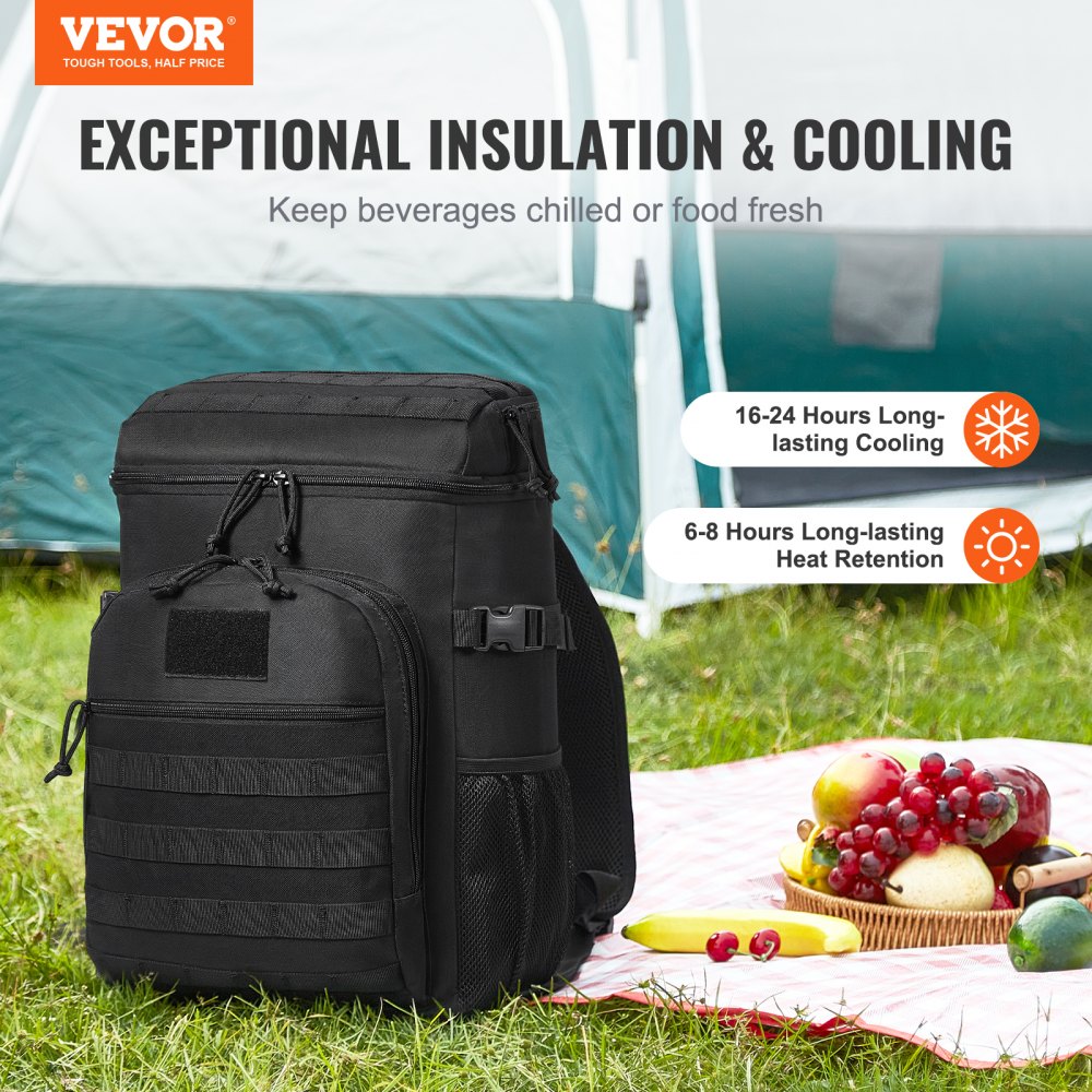 VEVOR Bolsa térmica para almuerzo de 25 L con diseño Molle y múltiples bolsillos, fiambrera térmica de 600 D con bolsas extraíbles, ideal para la oficina, picnic, senderismo, playa o bebidas, color negro.
